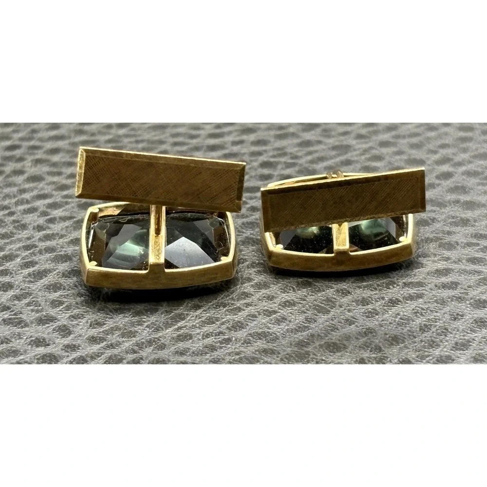 Vintage 14K Solid Gold Cufflinks Dark Green Gemstones Men's Formal Wear Luxury